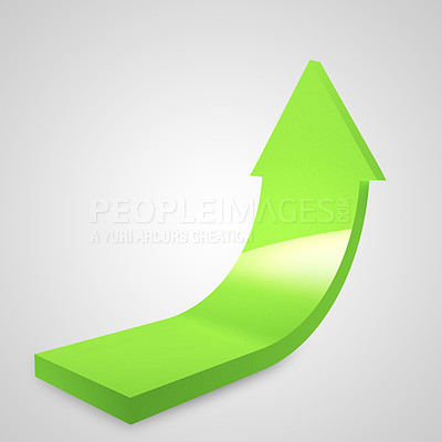 Buy stock photo Green arrow, icon and increase for profit, growth or 3d vector illustration against a white studio background. Growing, curve or colorful arrows pointing up for chart sign, symbol or raise indication