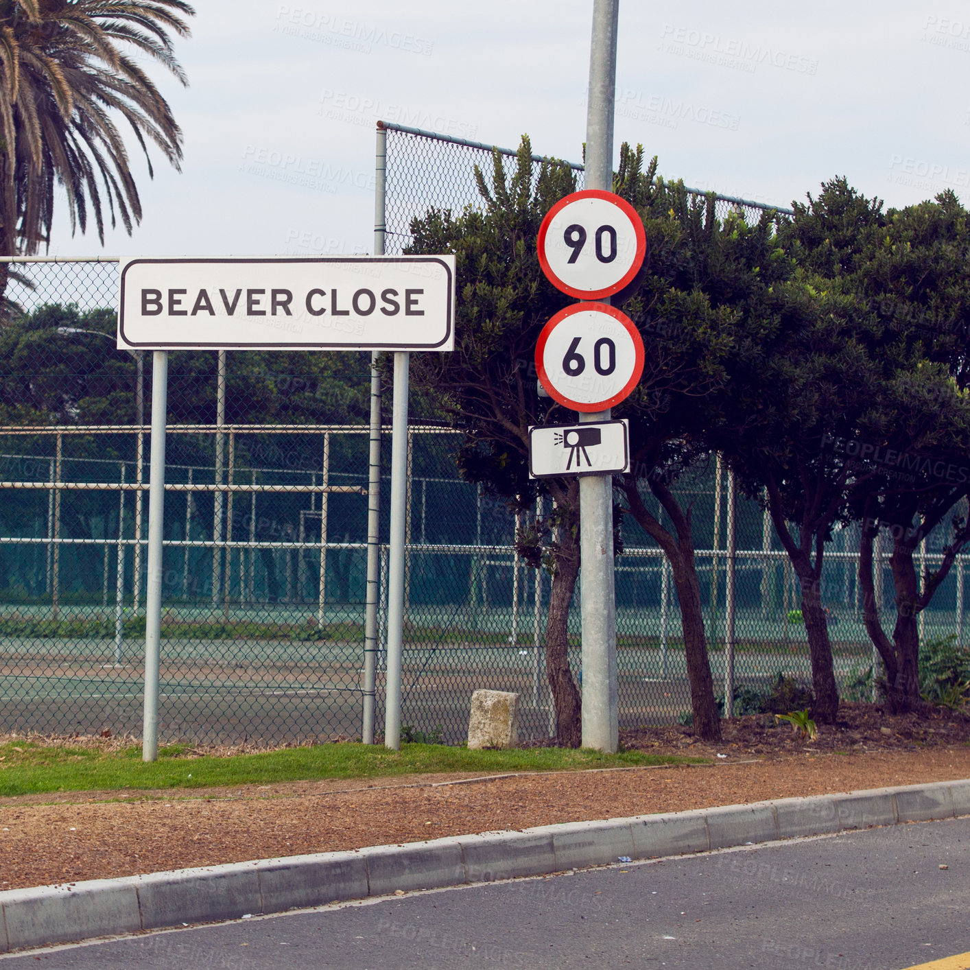 Buy stock photo Road sign, speed and warning with traffic camera, mistake or humor with comic text in neighborhood. Beaver typo, error and funny signage with writing, language or wrong spelling for direction in town