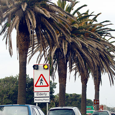Buy stock photo Road sign, pedestrian and warning in traffic in city with mistake with grammar, joke and comic text for walking. Cars, error and funny signage with graphic, language or wrong information in Cape Town