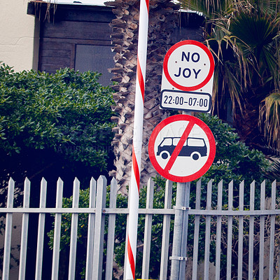 Buy stock photo Road sign, city and urban parking with funny mistake for humor, joke and comic text for soup in neighborhood. Asphalt, error and signage with writing, language and no joy with warning in Cape Town