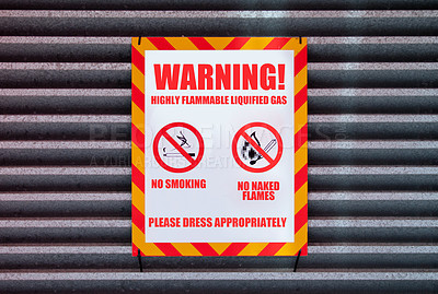 Buy stock photo Poster, warning and signage on board for sign with caution notification or red square on garage by building. Attention, public message and signpost for no smoking, comic signal and symbol for humor