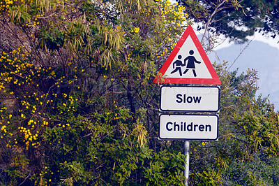 Buy stock photo Road sign, pedestrian and slow children with mistake for grammar, joke and comic text for walking in neighborhood. Asphalt, error and funny signage with graphic, language and wrong warning in town