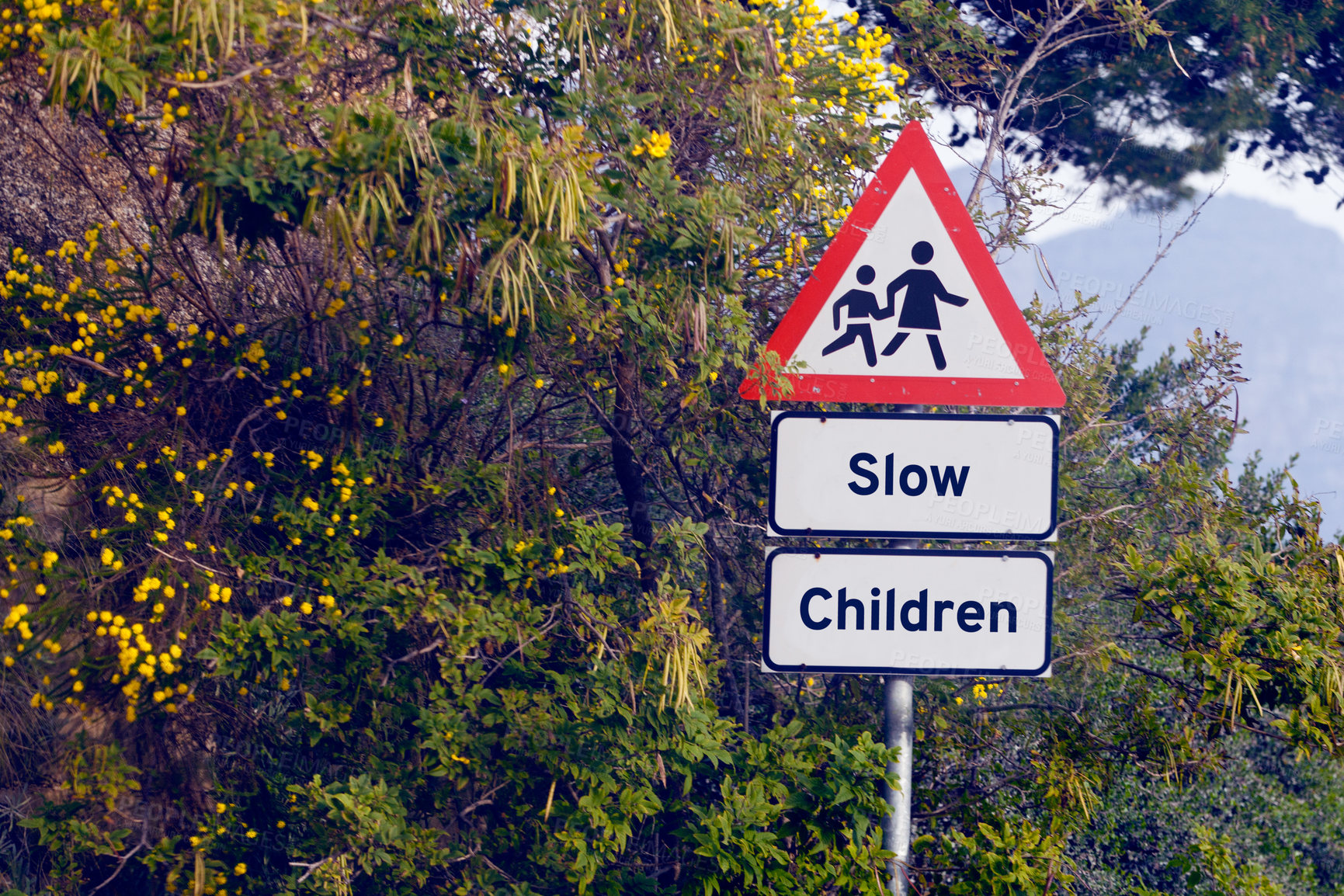 Buy stock photo Road sign, pedestrian and slow children with mistake for grammar, joke and comic text for walking in neighborhood. Asphalt, error and funny signage with graphic, language and wrong warning in town