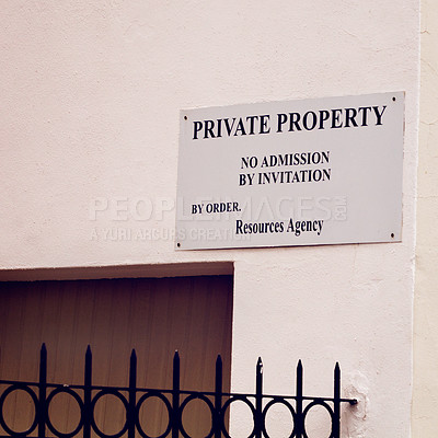 Buy stock photo Warning, private property and sign for trespassing on wall for mistake, information or comic grammar. Board, outdoor and house in neighborhood with funny language for security with real estate agency