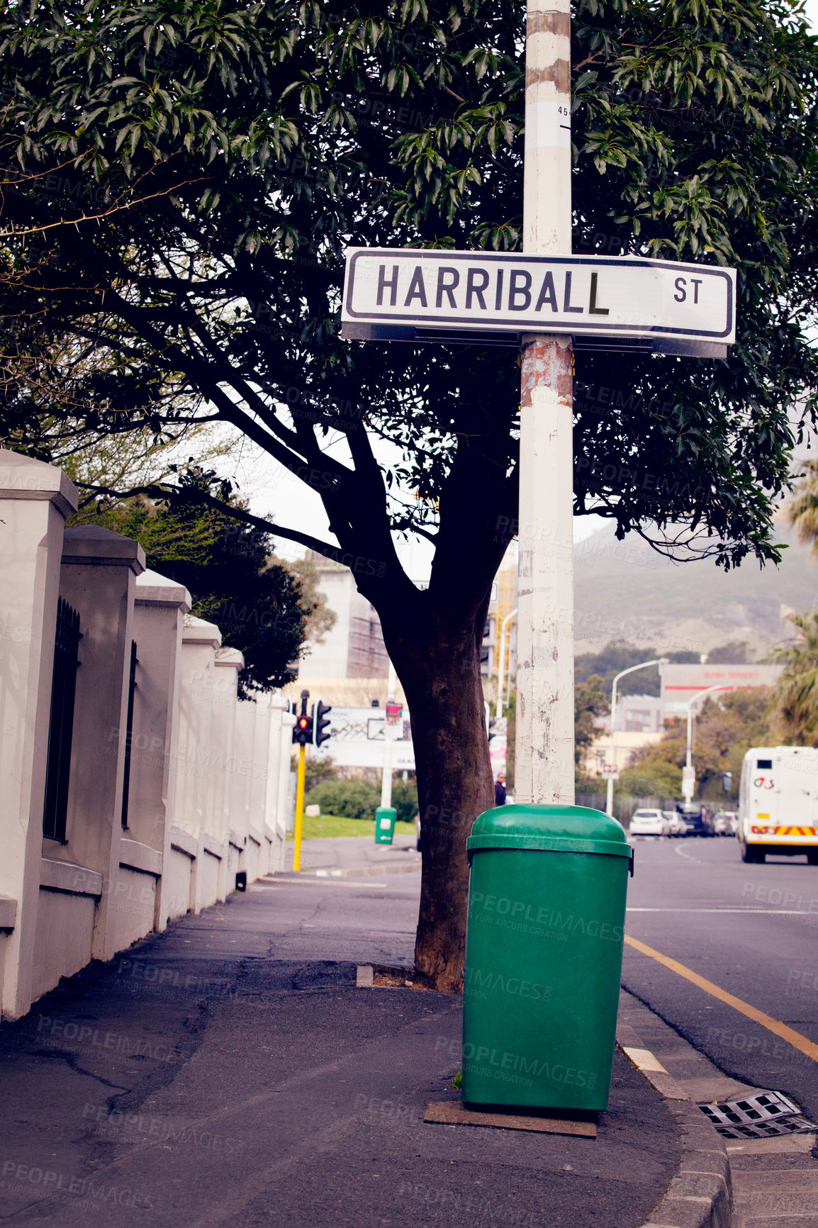 Buy stock photo Road sign, location and signage in street for destination with place notification and white square outdoor. Attention, public notice and signpost for navigation, alert message and symbol with trees