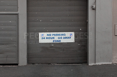 Buy stock photo Parking lot, building and sign on door with information, notification and message on private property. Signage, symbol and mistake on poster, board and attention for warning, car and vehicles in city