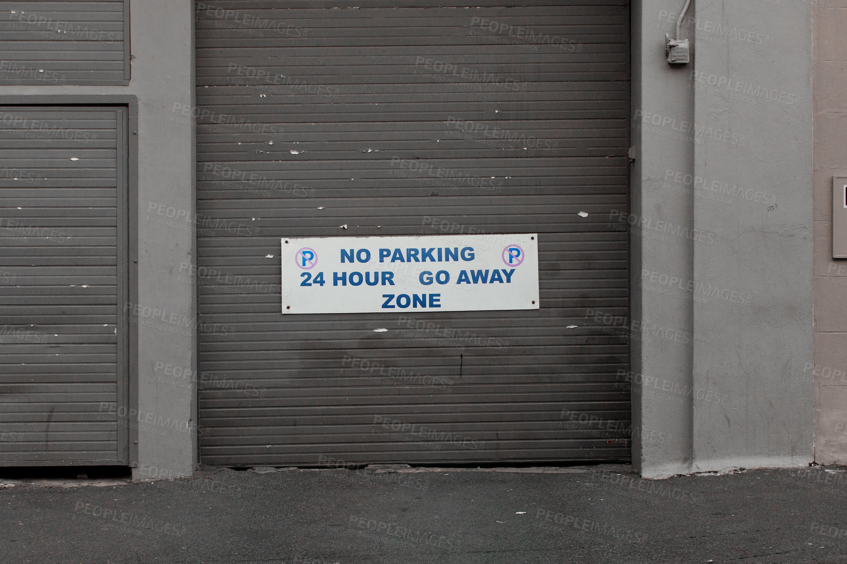 Buy stock photo Parking lot, building and sign on door with information, notification and message on private property. Signage, symbol and mistake on poster, board and attention for warning, car and vehicles in city