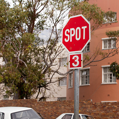 Buy stock photo Road, city and outdoor with stop sign, mistake or typo for humor with comic text in neighborhood. Spot, error and joke with funny signage with writing, language or wrong spelling for warning in town