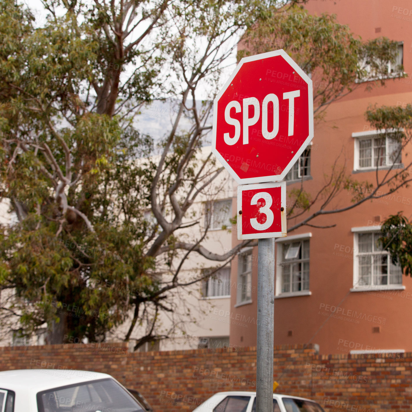 Buy stock photo Road, city and outdoor with stop sign, mistake or typo for humor with comic text in neighborhood. Spot, error and joke with funny signage with writing, language or wrong spelling for warning in town