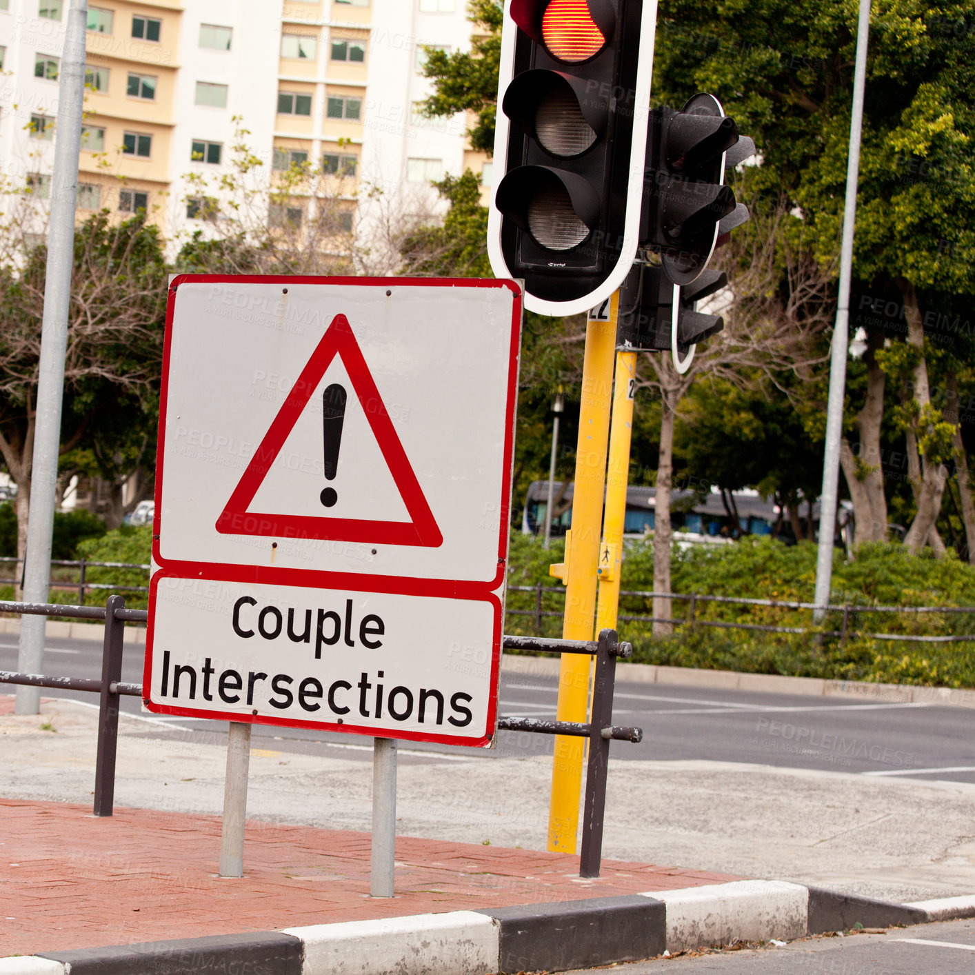 Buy stock photo Road sign, caution and traffic light or intersection city for street safety or transportation direction, warning or outdoor. Notice, delay and urban downtown in America or driving, protocol or symbol