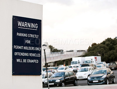 Buy stock photo Parking lot, warning and sign on wall with error for caution, notification and information. Public signage, symbol and humor or mistake on board, poster and message for attention, security and safety