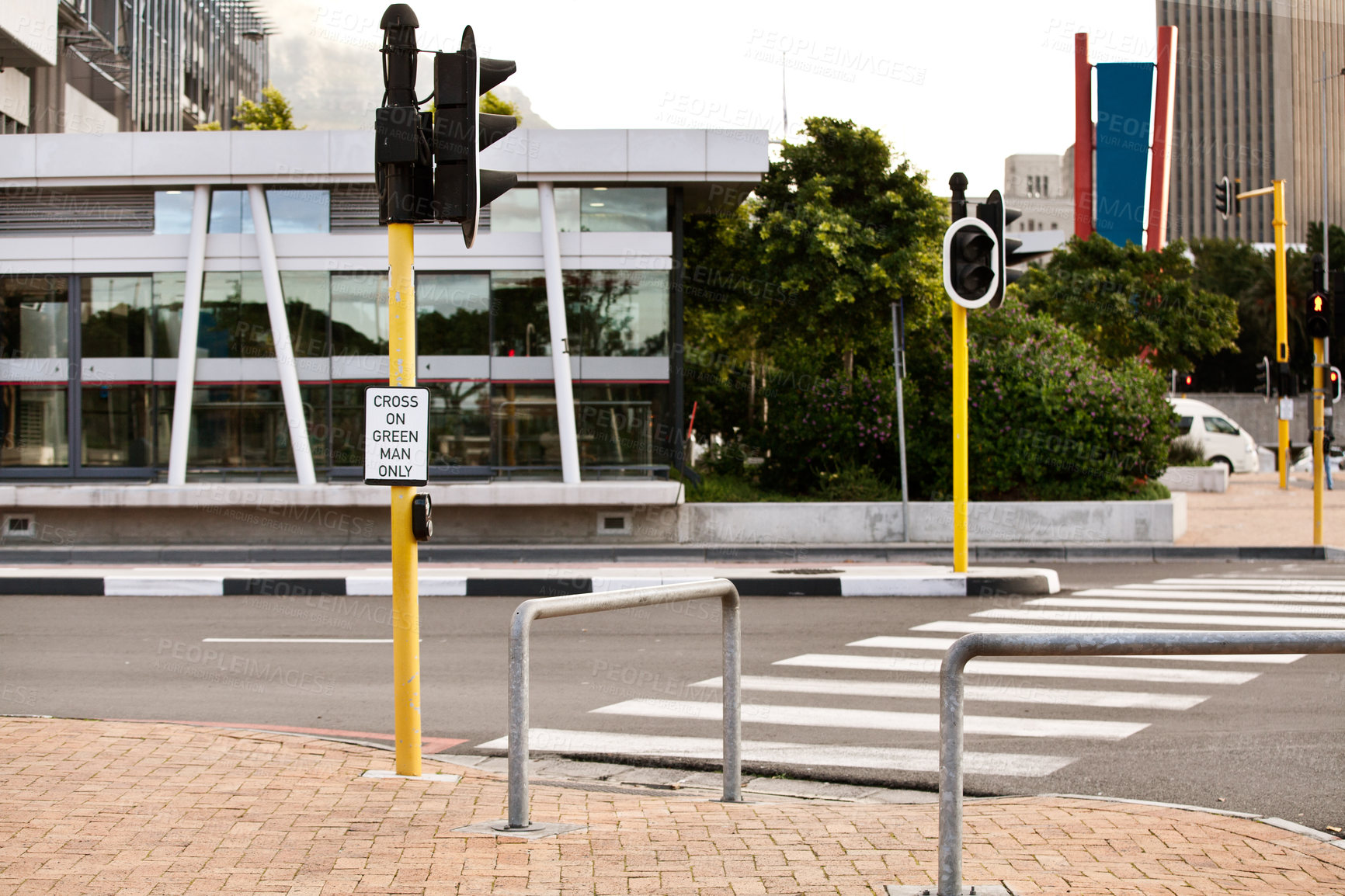 Buy stock photo Road, traffic light and sign for pedestrian by crosswalk with mistake for humor, joke and comic grammar in city. Asphalt, error and funny signage with board, language and design with warning in town