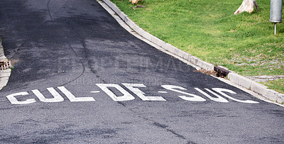 Buy stock photo Cul de sac, road and outdoor with sign for warning with mistake, joke or comic text in neighborhood. Asphalt, error and funny signage with writing, language and wrong spelling for direction on street