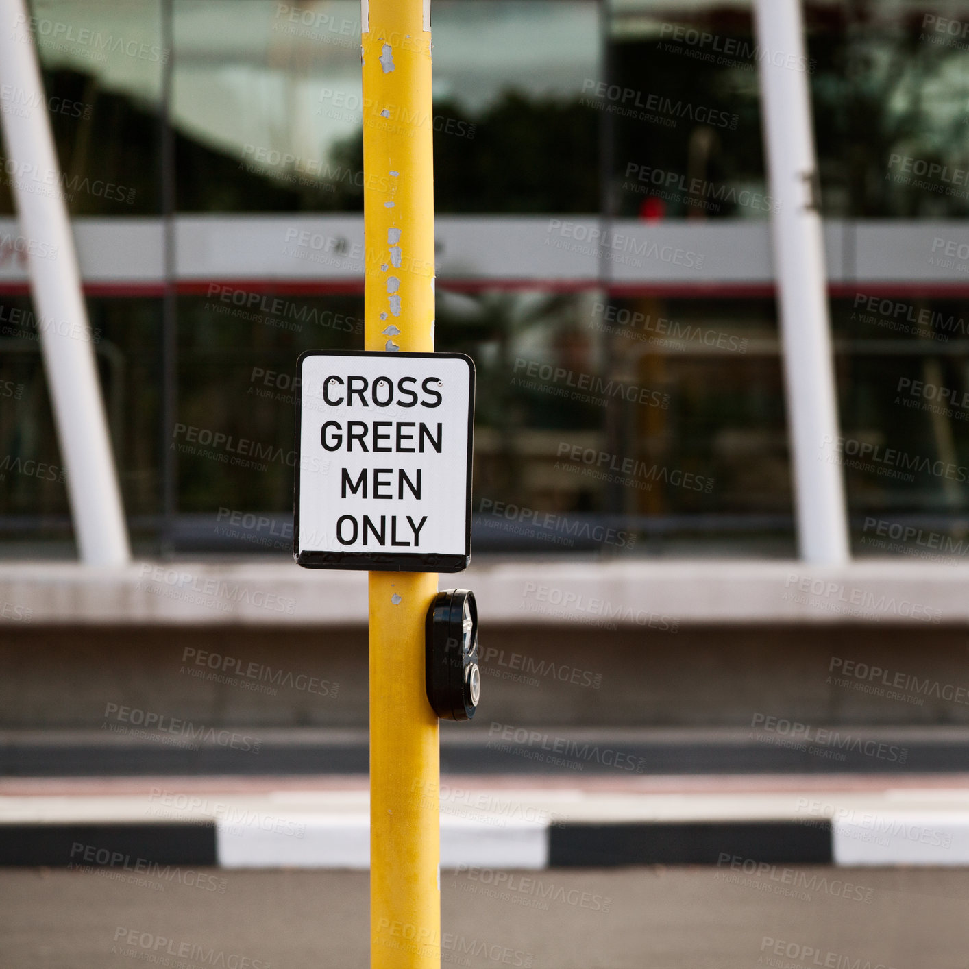 Buy stock photo Street, traffic light and sign for pedestrian by crosswalk with mistake for humor, joke or comic grammar in city. Asphalt, error and funny signage with board, poster and design with warning in town