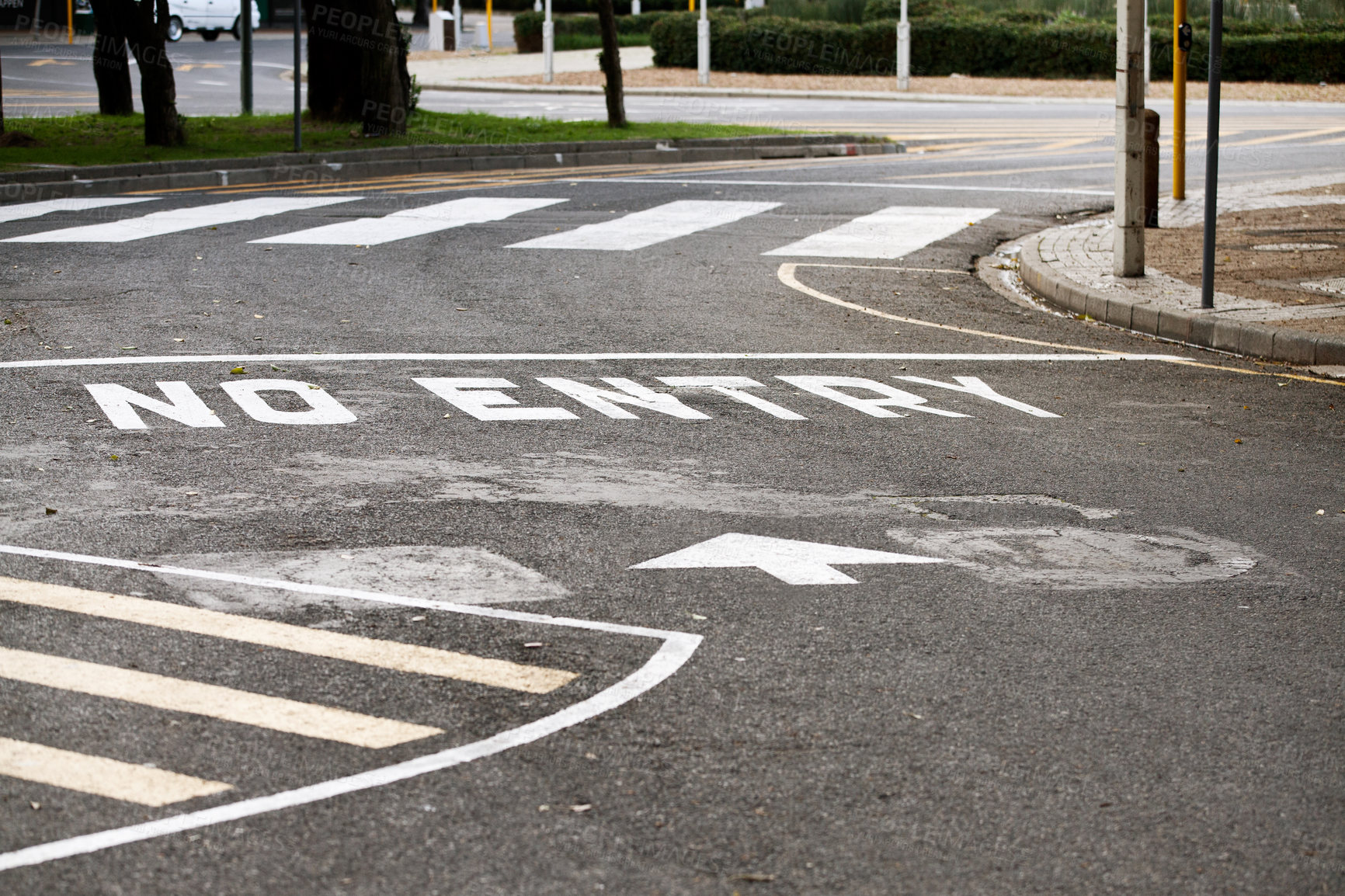 Buy stock photo Road marking, no entry and warning with text, arrow and error for direction with paint on asphalt in city. Ground, street and mistake with language, funny typo and comic joke with symbol in Cape Town