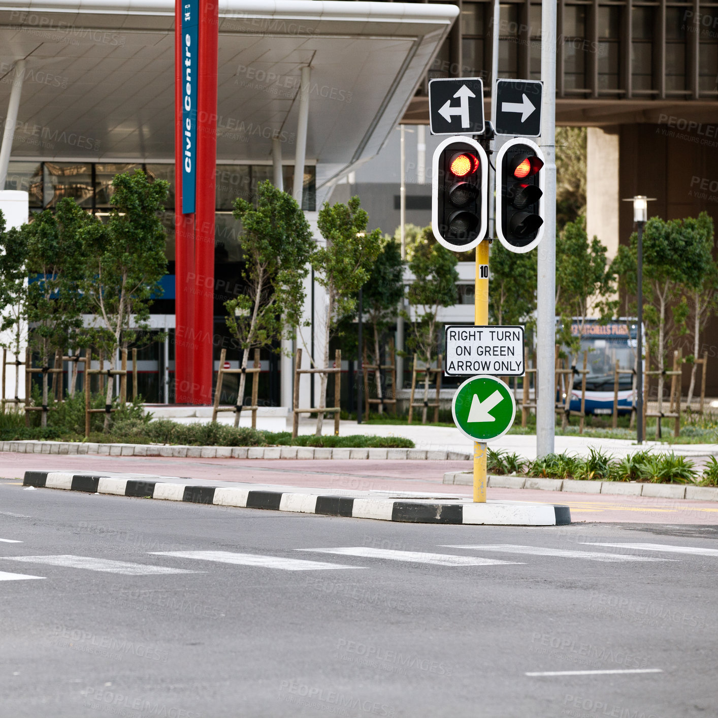 Buy stock photo Road sign, traffic light and city with arrow for direction with travel information, typo or mistake for humor. Street, urban or metro buildings at bus stop, location and public transport in Cape Town