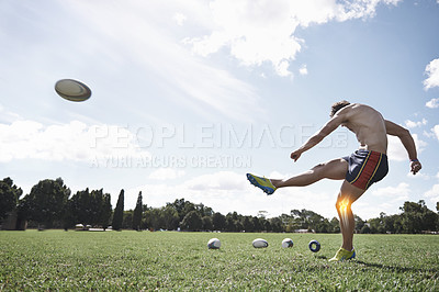 Buy stock photo Rugby, man and knee pain, injury on field with fitness and training for game, kicking ball and overlay. Male athlete with sports accident, health emergency and skeleton with inflammation and exercise