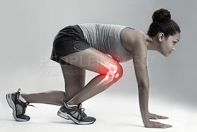 Buy stock photo Woman, running and start with knee x ray for injury, workout or sport accident against a gray studio background. Female runner in skeleton pain with sore leg, ache or bone from exercising or training