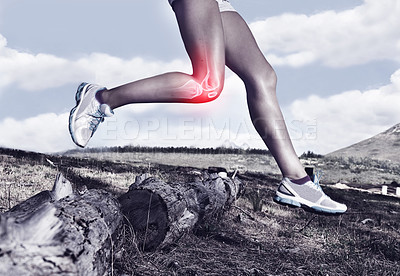 Buy stock photo Legs of woman running, red and knee pain with overlay, fitness and health with injury, bone and medical emergency. X ray, anatomy and skeleton with female runner outdoor, inflammation and sprain