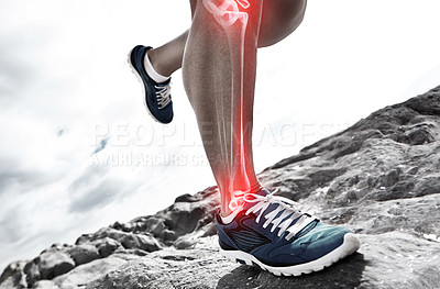 Buy stock photo Cropped shot of a runner's highlighted bones 