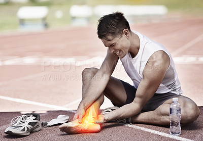 Buy stock photo Cropped shot highlighting a sportsperson's injury
