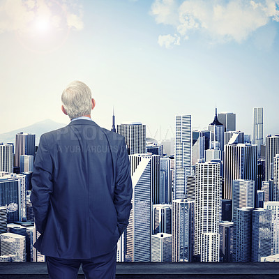 Buy stock photo Rearview shot of a businessman surveying a city skyline