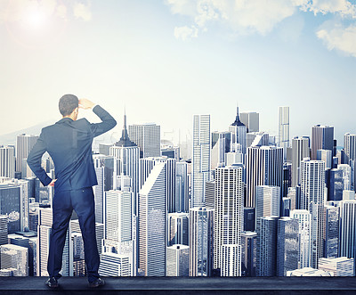 Buy stock photo Business man looking at cgi, digital and artificial buildings while standing alone at work from behind. Back of one male corporate professional, manager or employee analysing and examining the view