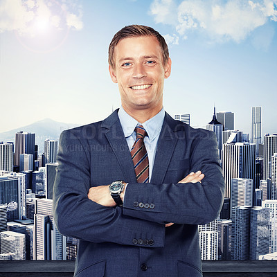 Buy stock photo Businessman, portrait and confidence with fashion in city for economy or corporate buildings. Happy man or employee with smile, business suit and arms crossed for career ambition in an urban town