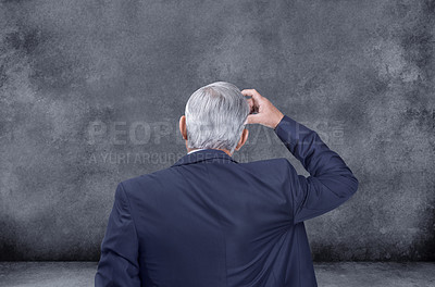 Buy stock photo Businessman, thinking and decision with choice for selection, pick or choose on a gray studio background. Rear view of confused man, CEO or employee in wonder or thought for ideas on mockup space