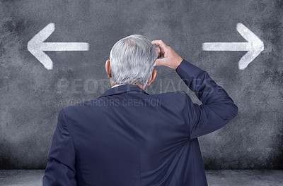 Buy stock photo Senior businessman confused, lost and thinking of solution for serious corporate work, retirement and life problem. Elderly executive leader scratching his head unsure which idea will lead to success