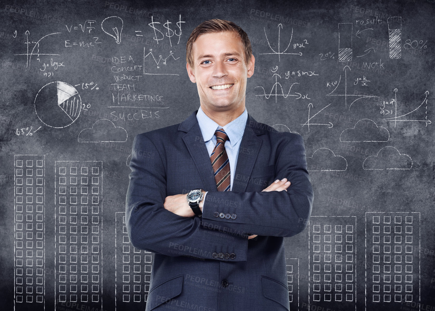 Buy stock photo Business man working in finance and standing with arms crossed looking proud, happy and smiling in front of a chalkboard with cgi data. Portrait of a cheerful, joyful and expert accountant advisor 