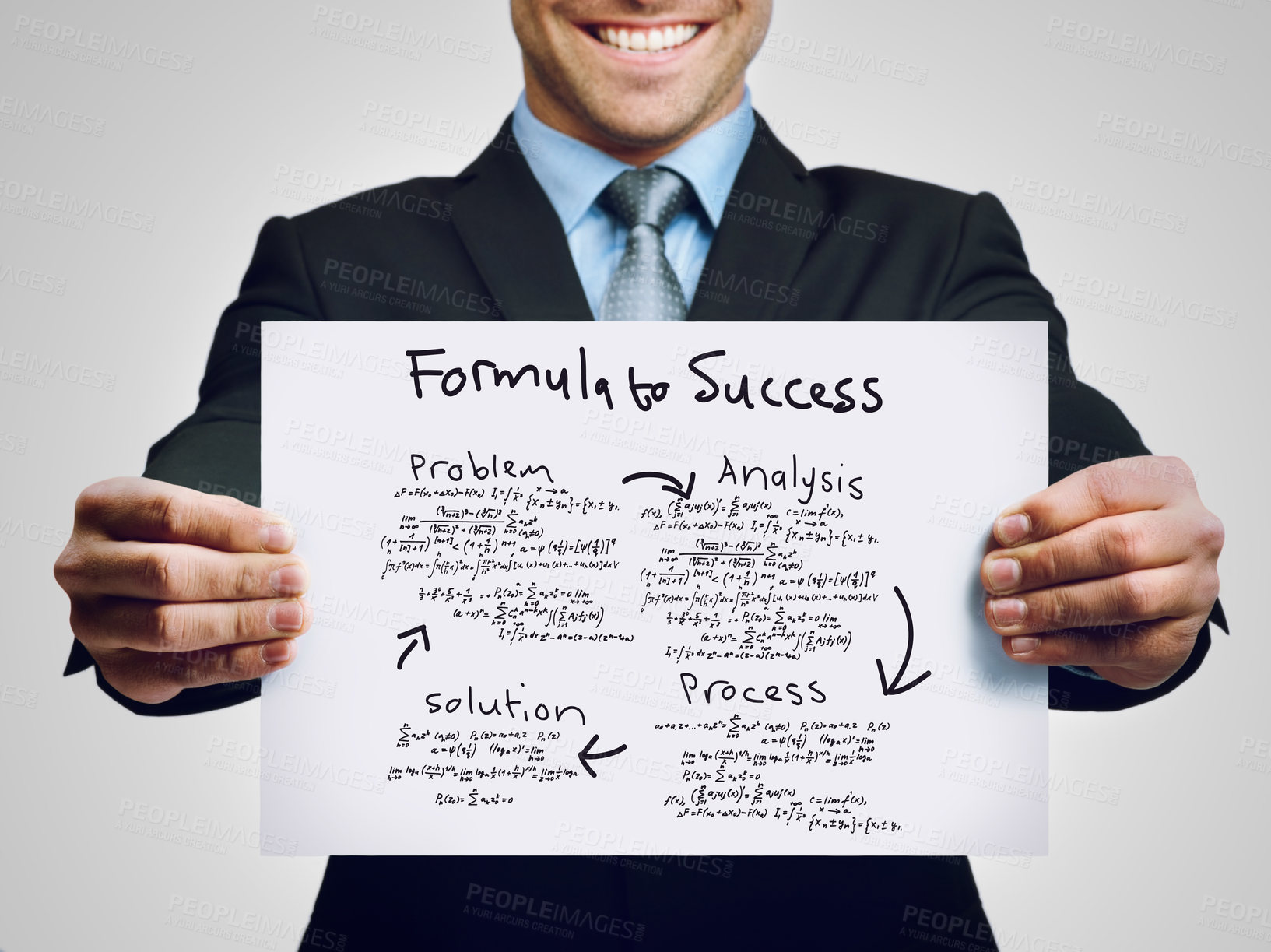 Buy stock photo Map, picture and drawing showing a plan and process of a business man reaching success. One corporate professional, entrepreneur or salesman holding a plan to achieve goals on paper in his hands
