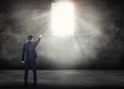 Buy stock photo Back, opportunity and a business man with window light for access on a dark background with mockup. Wall, career and male professional and CEO pointing the way to future growth, success or leadership