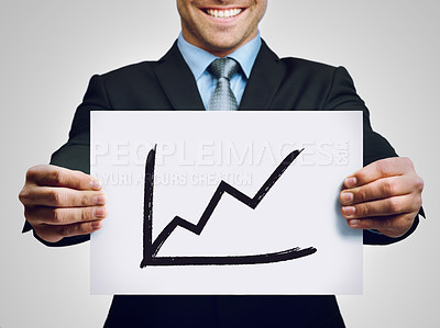 Buy stock photo Businessman, hands and poster with stock market, chart or graph for financial profit on a white studio background, Closeup of man or employee showing corporate growth, report or increase of finance