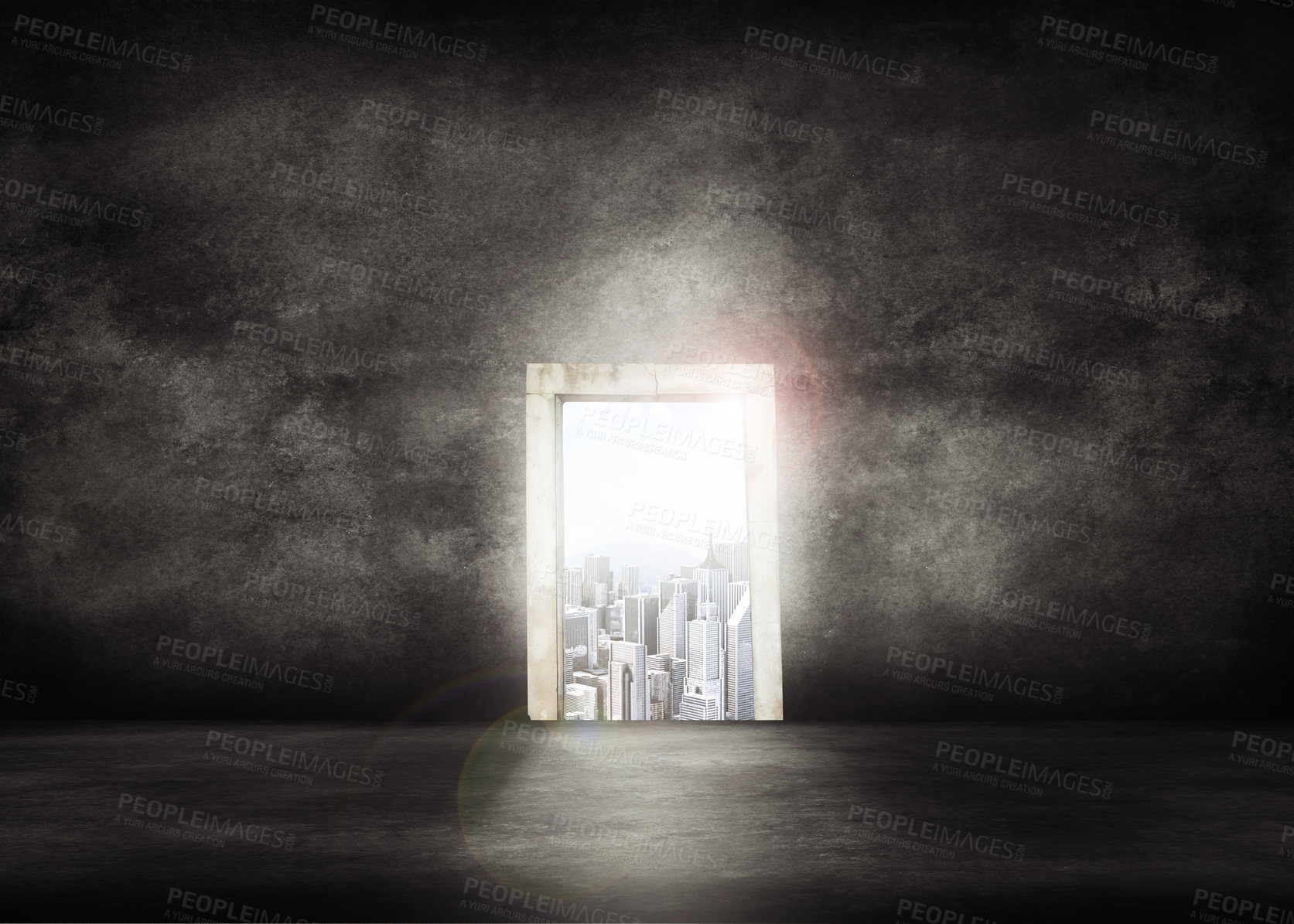 Buy stock photo Door, light and world with opportunity in city for career, ambition or path to buildings on a dark studio background. Empty room, frame or sunshine with direction to corporate possibilities on mockup