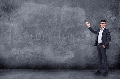 Buy stock photo Portrait, business and man with a chalkboard, opportunity or choices with mockup, smile or startup success. Face, male employee or consultant with presentation, education or knowledge for development