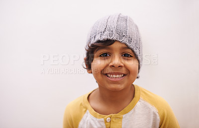 Buy stock photo Shot of a cute little boy wearing a beanie
