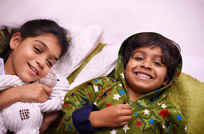 Buy stock photo Family, children and portrait of siblings on a floor for camping, fantasy or night games in their home. Love, relax and face of kids on ground in India with support, trust and care, safety or resting