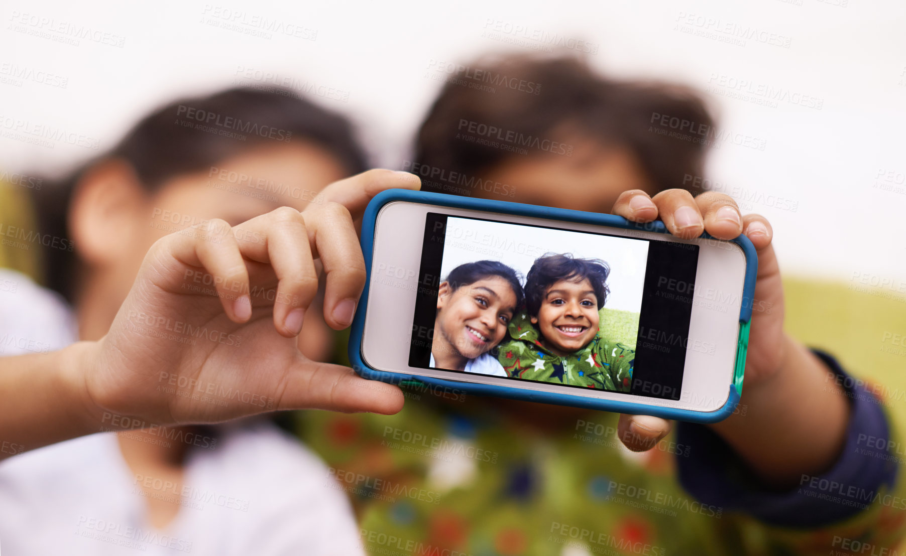 Buy stock photo Phone screen, photography and kid siblings on a floor for fun, vacation or memory at home from above. Smartphone, selfie and children in a living room smile for social media, blog or profile picture