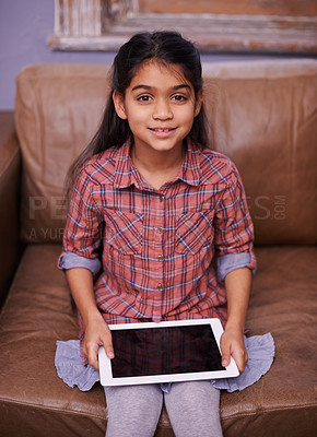 Buy stock photo Tablet, search and portrait of girl on a sofa with google it, gaming or sign up at home. Digital, face and kid person in living room online for streaming, video or cartoon, film or Netflix and chill
