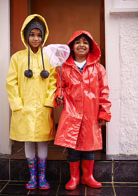 Buy stock photo Children, smile and portrait with raincoat for outdoor, adventure or rainy for growing up, adolescent and winter. Indian kids and happy with boots for trip, play or childhood for sibling and fun

