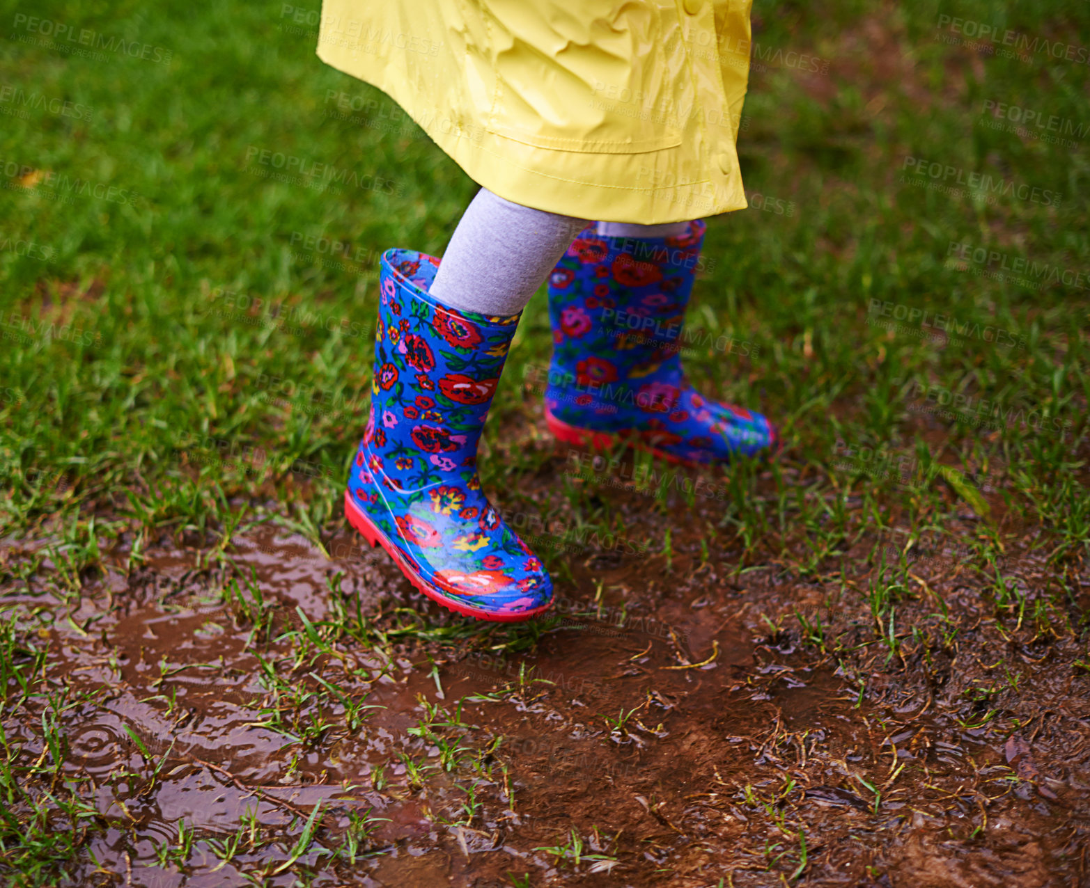 Buy stock photo Feet, puddle and boots of kid playing in rain soil for forest, adventure or explore games in nature closeup. Earth, mud and shoes of child in woods for walking, camping or travel, holiday or vacation