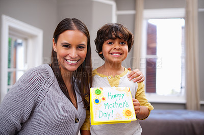 Buy stock photo Child, mom and portrait with card for mothers day, surprise and appreciation for love and kindness. Indian people, parent and boy with smile and joy with gift for giving, celebrating and childhood