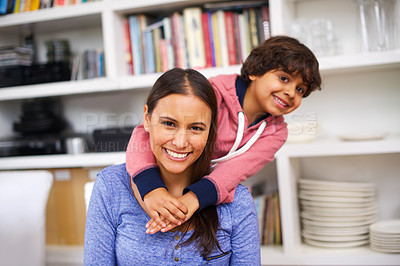Buy stock photo Mother, child and portrait in house for hug and love for family, growth and play. Indian people, mom and boy with smile and happy together for son, kids and growing up for joy, young and childhood