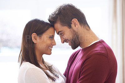 Buy stock photo Happy couple, forehead and love with romance for affection, embrace or intimacy in support or care at home. Man and woman with smile in happiness, romantic relationship or bonding on holiday weekend