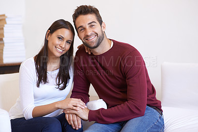 Buy stock photo Love, portrait and happy couple on a sofa with care, trust and security, support or bonding at home. Marriage, commitment and face of people in a living room with romance, care or peace in a house