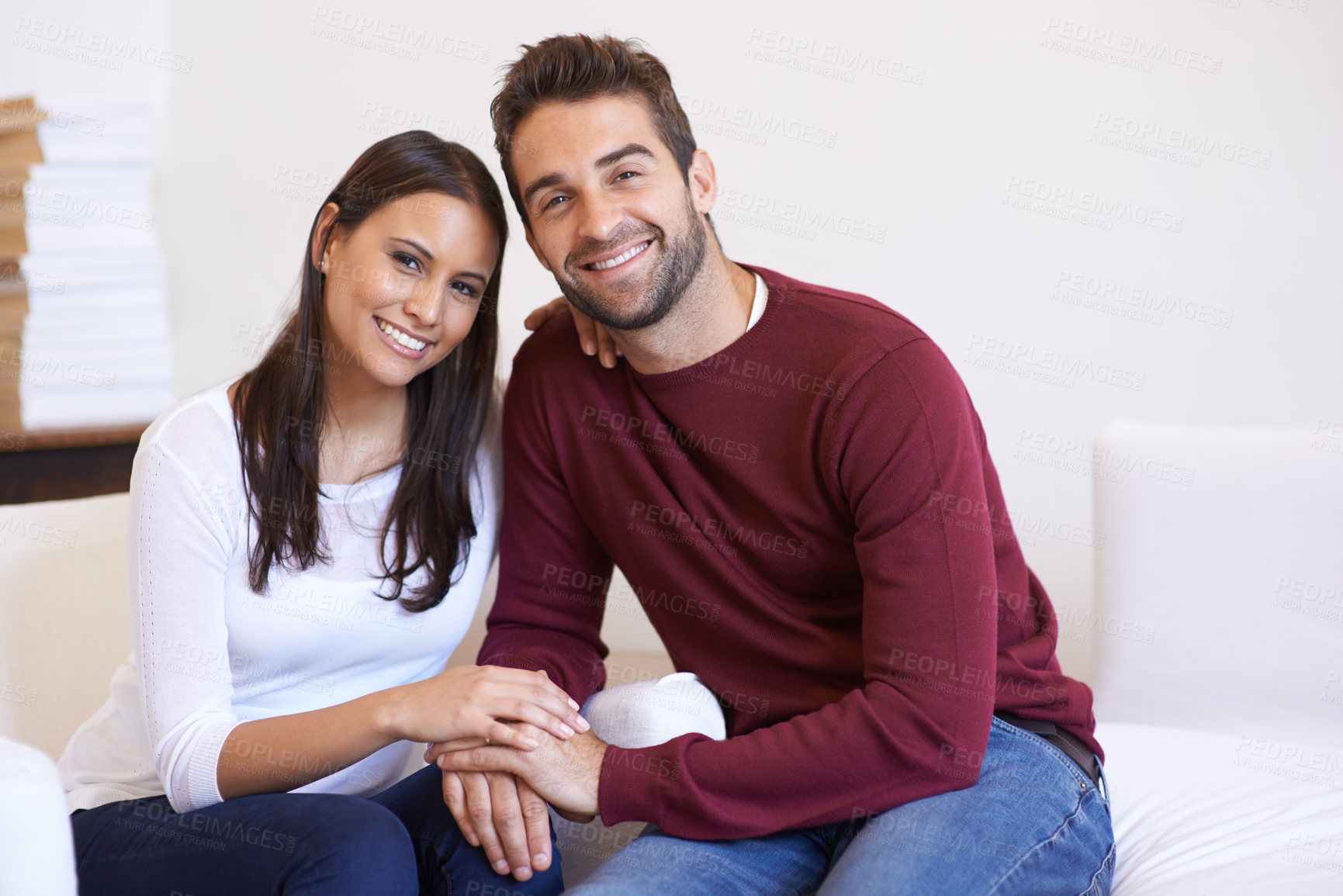 Buy stock photo Love, portrait and happy couple on a sofa with care, trust and security, support or bonding at home. Marriage, commitment and face of people in a living room with romance, care or peace in a house