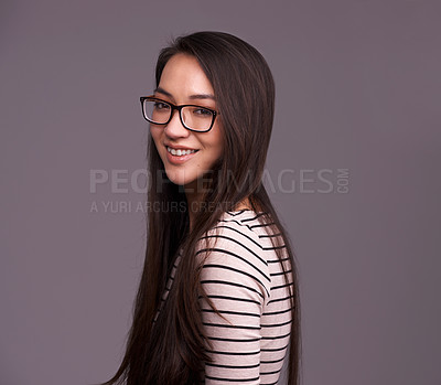 Buy stock photo Fashion glasses, portrait and woman smile in studio isolated on a gray background mockup space. Face, nerd and female geek, person or model from Canada with trendy clothes, eyewear and casual style.