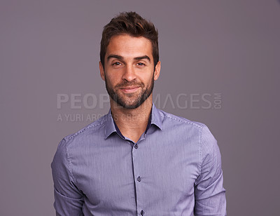 Buy stock photo Fashion, portrait of accountant and business man in studio isolated on a gray background mockup. Face, happy and person, professional or auditor from Canada with trendy clothes, outfit and style.