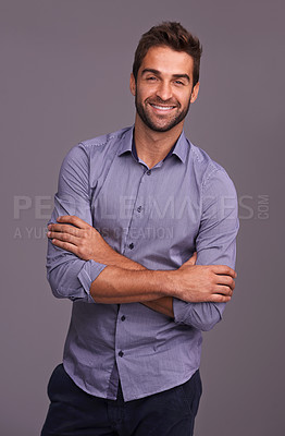 Buy stock photo Portrait, auditor and business man with arms crossed in studio isolated on a gray background. Confident, happy and person, professional or accountant from Canada with trendy clothes, fashion or style